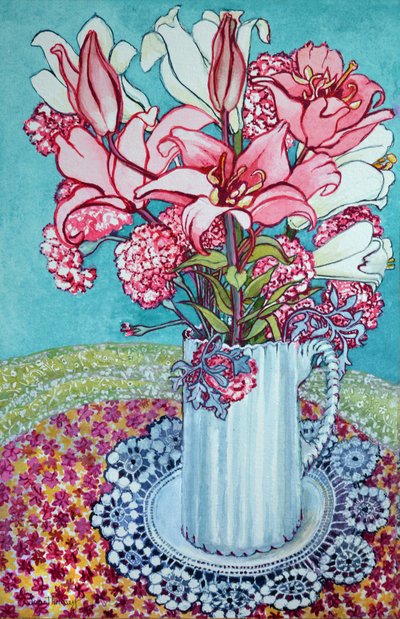 Pink Lilies in a Jug, with Lace by Joan Thewsey